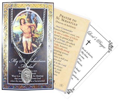 St Sebastian Medal Necklace - Pewter Saint Medal With Chain, Laminated Card, The Lord's Prayer Card - Patron of Athletes Themed Set - 3 Items
