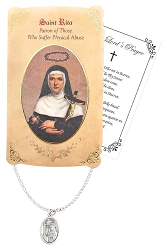St Rita of Cascia Necklace - Saint Rita of Cascia Medal with 18 Inch Curb Chain, St Rita Medal Silver Pendant with St Rita Prayer Card, The Lord's Prayer Card - Catholic Jewelry Set, 3 Items
