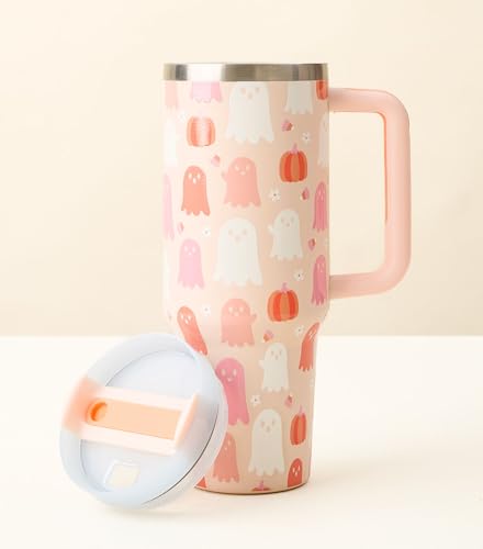 Halloween Tumbler with Lid and Straw Handle 40 oz Tumbler with Handle Insulated Stainless Steel Reusable Water Bottle Travel Mug for Water Hot Cold Iced Coffee Drinks (Pink White Ghosts) Pink White Ghosts