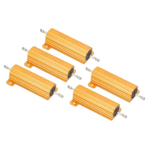 PATIKIL 5 Pieces 50 W 10 Ohm 5% Tolerance Aluminum Housing Resistors Set Resistance Assortment with Screws Wire Wound Potentiometer Power for Machines Electronics DIY Project Golden 10 Ohm 50 W