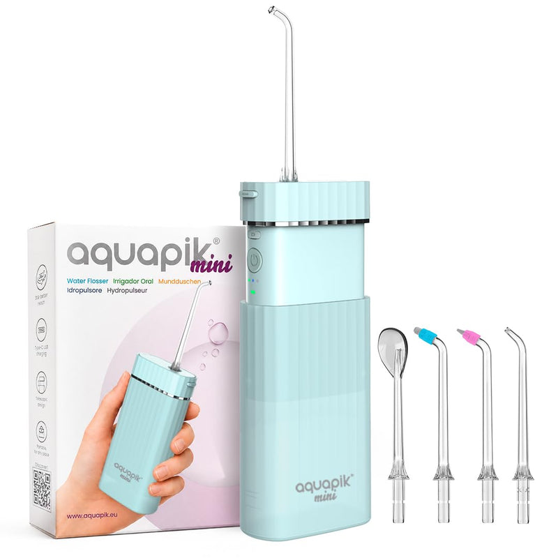 Aquapik Mini Portable Oral Irrigator 200ml USB-C 3 Pressure Levels IPX8 for Office C.blue tragbar