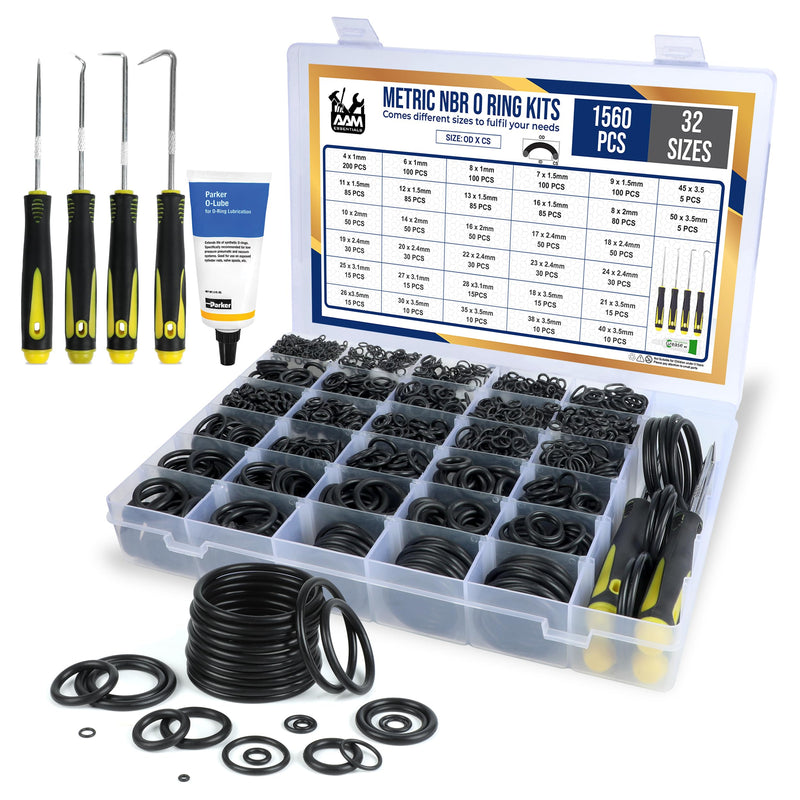 [Australia - AusPower] - O Ring Kit - 1560 Pcs 32 Size - Nitrile Rubber O Ring Assortment Kit + 4 Hook Set & Grease Tube – for Automotive, Plumbing, Pressure Washer, Air or Gas Sealing Connections, Resist Oil and Heat O-Ring Metric 1560PCS 32 Size and Tool Kit 