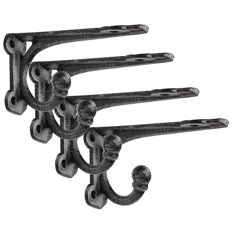 Cast Iron Shelf Brackets 4 Inch, 4 Pack Black Rustic Shelf Brackets with Hooks，Heavy Duty Floating Brackets Wall Mounted, Decorative Brackets for Wood Shelves 4 Pack 4'' Bracket