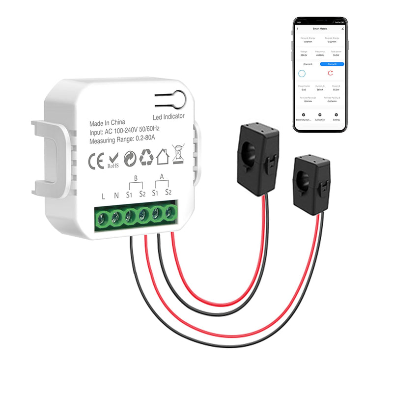 [Australia - AusPower] - WiFi Smart Electricity Meter: Dual Channel Smart Home Energy Monitor with 2PCS 80A CT Clamp, Calibration Function, Tuya Smart Life App Remote Control, Real Time Electricity Monitor 