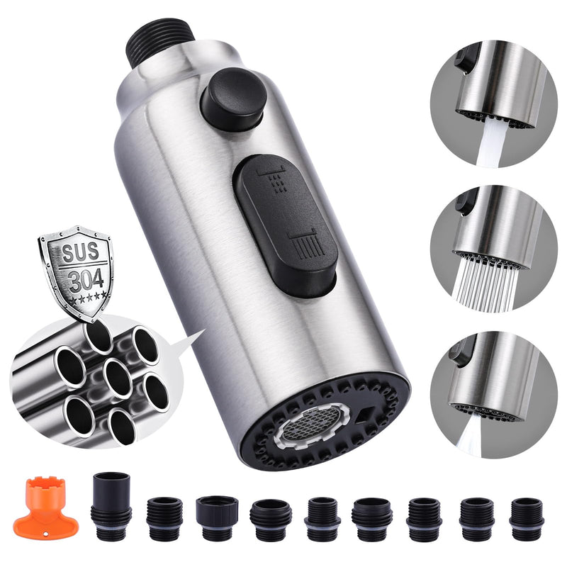 [New Upgrade] iVIGA Pull Down Faucet Sprayer Head Replacement, Stainless Steel Brushed Nickel 3 Function Pull Out Spray Nozzle with 9 Adapters for Moen Kohler Delta G1/2 Male Connector Faucet