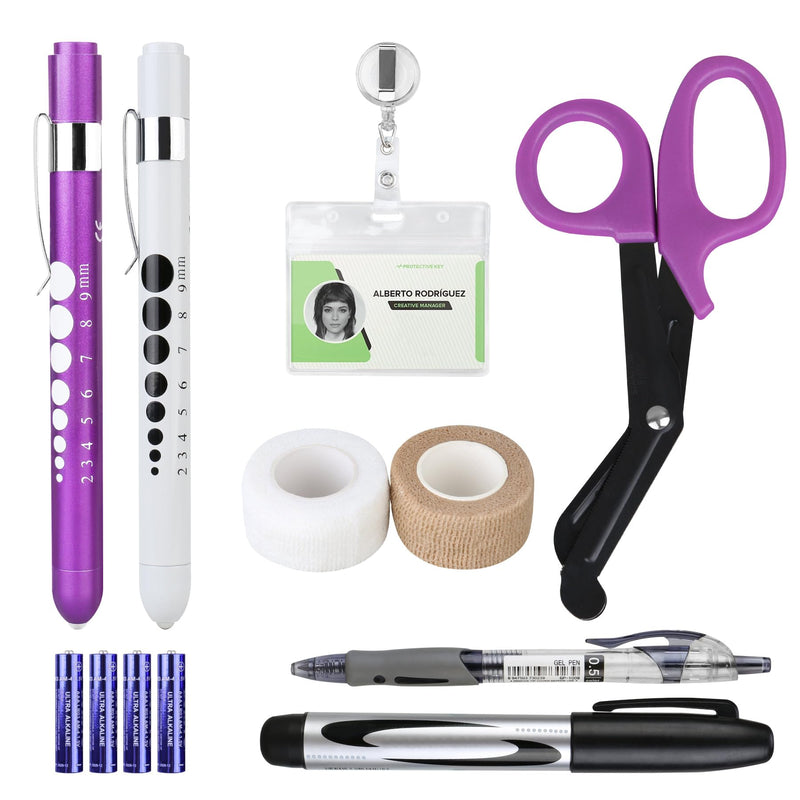 [Australia - AusPower] - BOVKE 12 Pcs Nurse Tools Set, Medical Supplies Nurse Accessories for Work Includes Medical Scissors, 2 Penlights with Batteries, Bandage Wraps, Name Card Holder Nursing School Essentials, Purple 