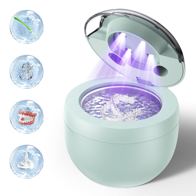 [Australia - AusPower] - Ultrasonic Retainer Cleaner, Retainer Cleaner for Dentures, Mouth Guards, Braces, Toothbrush Heads, Jewelry with UV-C Cleaner, 45kHz Ultrasonic, 4 Mode Ultrasonic Cleaner Machine (Green) Green 