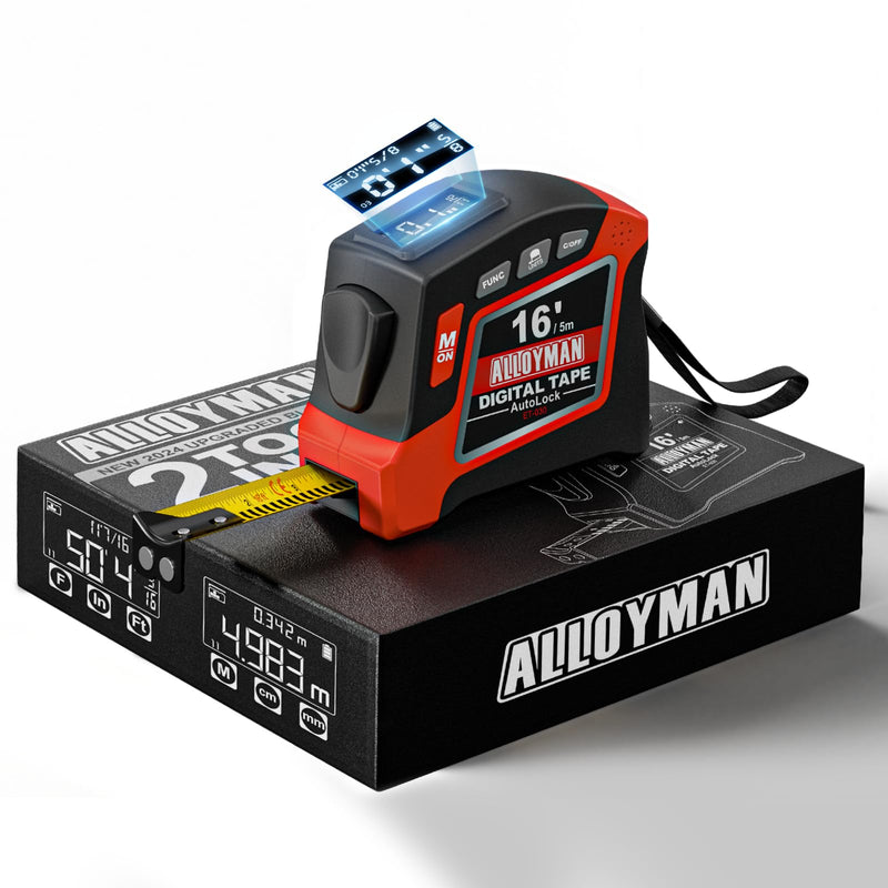 [Australia - AusPower] - Alloyman 2-in-1 Digital Tape Measure, 16Ft Length, 6 Unit Options, 4 Measuring Modes, Stores 50 Records, Auto Lock with Magnetic Hook, Waterproof & Drop-Resistant Black Red 