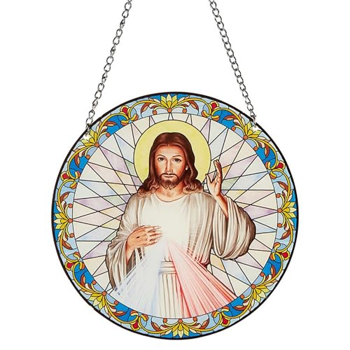 Needzo Divine Mercy Stained Glass Suncatcher, Catholic Window Decoration, 6 Inch Chain, 5.875 inch Diameter