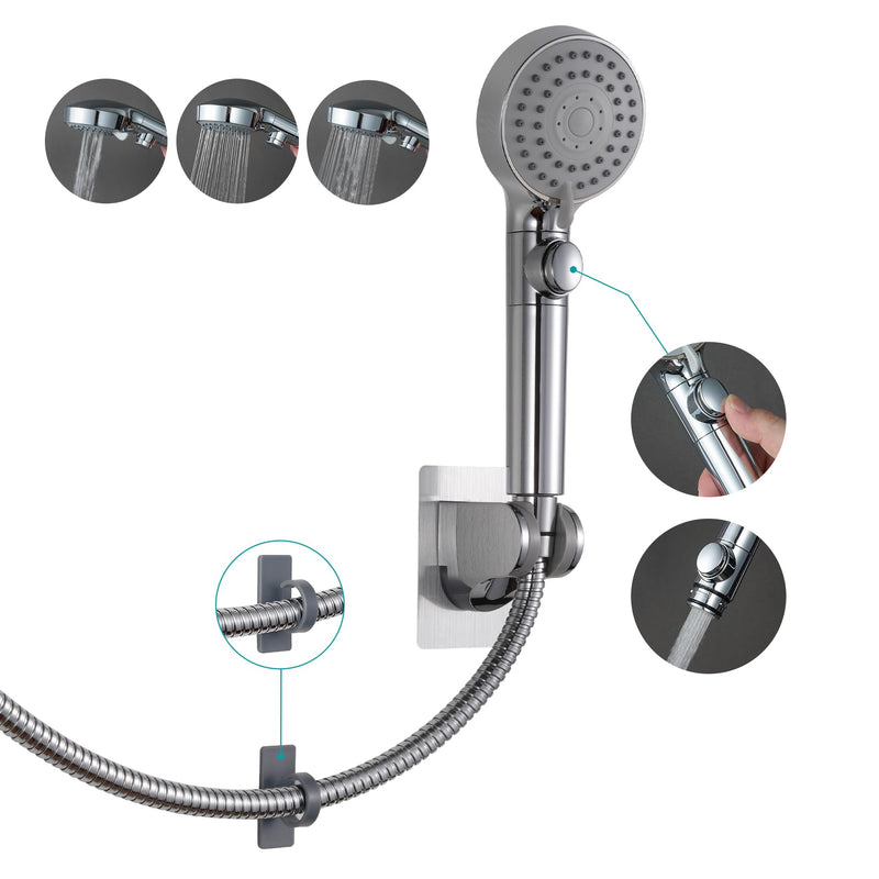 GwernKB RV Shower Head with Hose,5-mode High Pressure Shower Head with On Off Switch Water Saving for Camper, No Drilling Wall Mount Handheld Shower Holder and Adhesive Hose Guide Ring (Silver) Silver