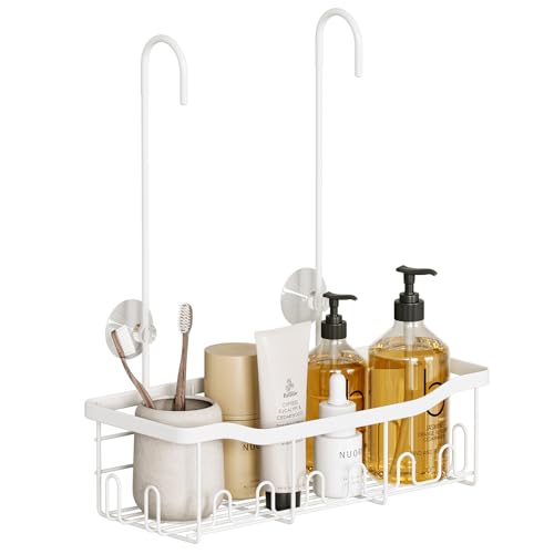 BYT Shower Caddy Hanging, Organizer Hanging for Bathroom, Shower Basket with Hooks, Shower Storage, Shelf, Rack No Drilling for Faucet or Cross Bar (White) White