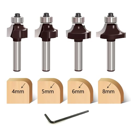 Pack of 4 Rounding Cutter 8 mm Shank, Round Over Cutter Bits, Carbide Radius Cutter with Ball Bearing, Round Cutter, Milling Head for Router 8 mm for Carpentry Chamfering Woodworking Trimming 4-piece rounding cutter