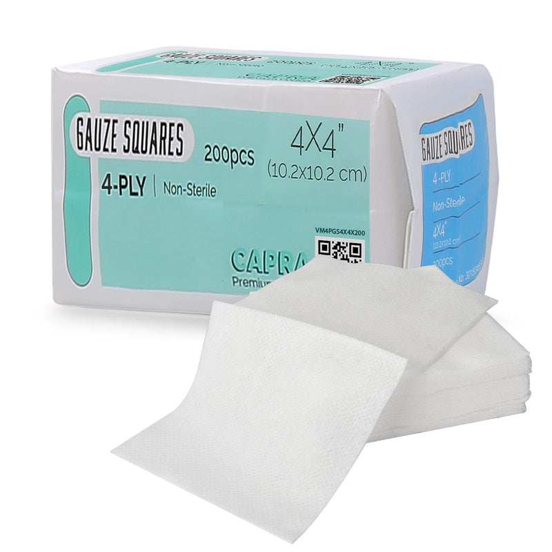 [Australia - AusPower] - 200 PCs Capra Premium Cotton 4-Ply 4" x 4" Gauze Pads by Omnia ONE | 100% Pure Cotton – Soft, Absorbent, Non-Sterile – Ideal for Wound Care, Dental, Medical, and Cosmetic Use 4x4-4Ply 200 