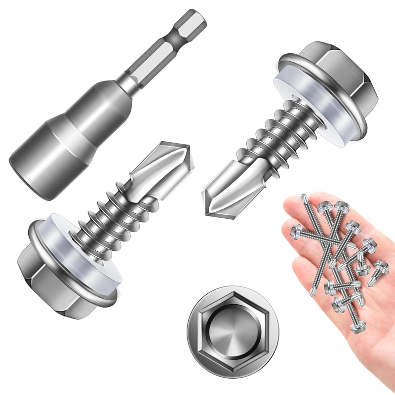 [Australia - AusPower] - Sheet Metal Screws 100Pcs #12 x 3/4" Self Tapping Screws for Metal, 410 Stainless Steel Hex Head Self Drilling Screws for Metal Plastic Wood, High-Strength Quick Self-Tapping Screws by Marysino 3/4" Silver (#12) 