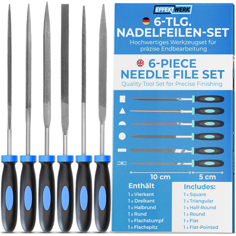 6-pc Needle File Set for Wood, Metal, Plastic & Jewellery - Small Round, Half-Round, Square, Triangle, Flat & Flat Pointed Files - Handy Tools for Fine Finishing w/Ergonomic Handles