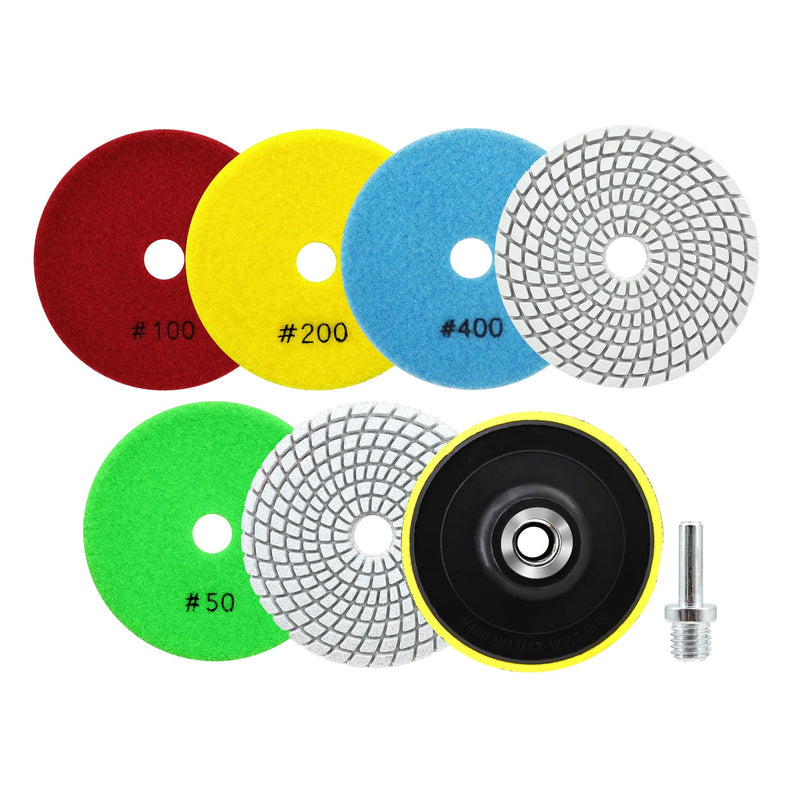 Wet Diamond Polishing Discs - Diamond Polishing Pad 6 Pieces 100 mm Grit 50 x 2/100/200/400/800 with M14 Support Plate + Adapter for Granite Marble Artificial Stone Quartz for Angle Grinder Set1