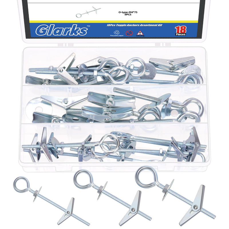 [Australia - AusPower] - Glarks 18pcs M4 M5 M6 O-Shaped Eye Bolt Toggle Anchors Set for Drywall, Toggle Bolts, Butterfly Anchors, Spring Toggle Wing Bolts for Ceiling, Sheetrock, Hollow Wall 