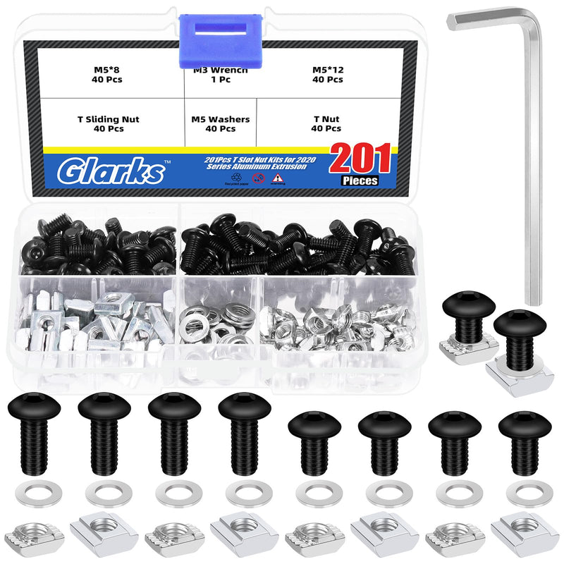 [Australia - AusPower] - Glarks 201pcs M5 T Slot Nut and Button Head Socket Cap Screw Kit for 2020 Series Aluminum Extrusion, 40pcs 2020 Series T Nut and 40pcs T Sliding Nut, 80pcs Hexagon Socket Screw with 40pcs Flat Washers Metal 