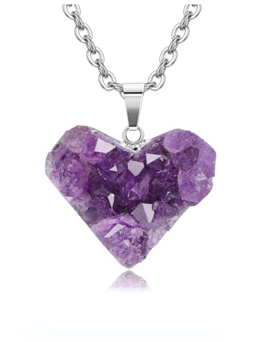 Jovivi Natural Amethyst Cluster Crystal Necklace for Women Men,Irregular Raw Rough Amethyst Quartz Stone Pendant Necklace Jewelry for Spiritual Reiki Healing,Beauty, Love and Positive Energy Silver Plated - Heart Crystal