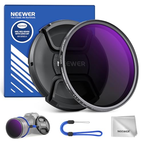 NEEWER 62mm ND2-400 (1-9 Stops) Variable ND Filter with Lens Cap, Lanyard, Cleaning Cloth, Precise Neutral Density Adjustment, Fingerprint & Scratch Resistant Multicoated Optical Glass ND2-ND400
