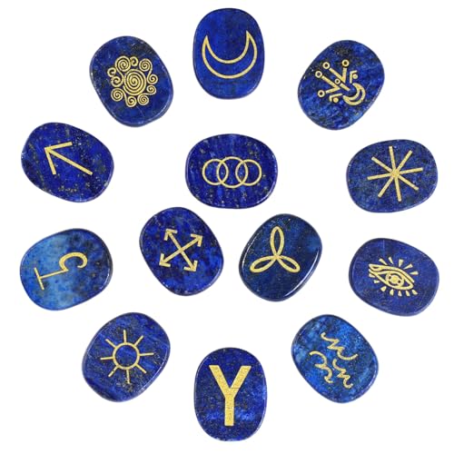 Set of 13 Rune Stones Engraved Gypsy Symbol Runes for Divination Blue