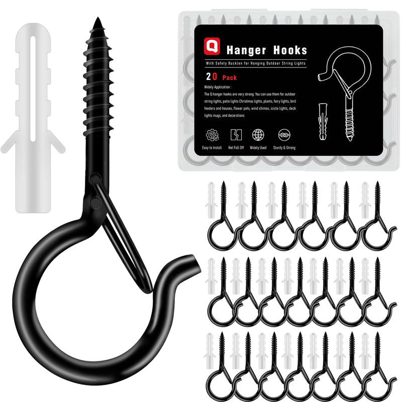 [Australia - AusPower] - Black Screw Hooks with Safety Lock - 2.3" Rustproof Metal Ceiling Hooks for Hanging Plants, Baskets,String Lights & Outdoor Decor, 40LB Capacity (20 Pack,Includes Storage Case & Plastic Caps) 20 Black 