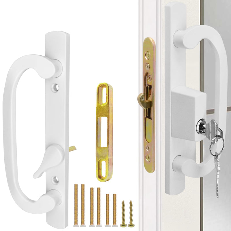 Patio Sliding Glass Door Handle Set with Mortise Lock 45° Keyway, Keyed Offset Position Zinc Diecast I/E Pull Handles, Fits 3-15/16" H.C., 1-3/8" to 2-1/4" Thick Doors, Non-Handed, White