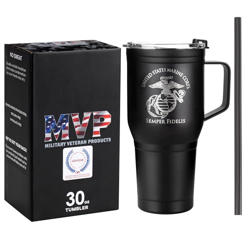 USMC 30 oz Tumbler with Handle – Stainless Steel Marine Corps Coffee Travel Mug, Double Wall Vacuum Insulated 30oz USMC Coffee Tumbler