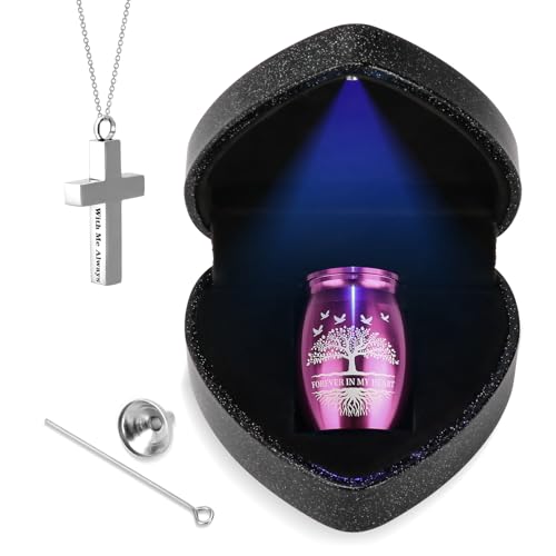 Small Urns for Human Ashes Keepsake with Heart Box, Urn Necklace and Funnel, Beautiful Memorial Gifts Mini Cremation Urns That Holds Ashes of Loved One, Tiny Sharing Urns, Purple Purple Tree of Life