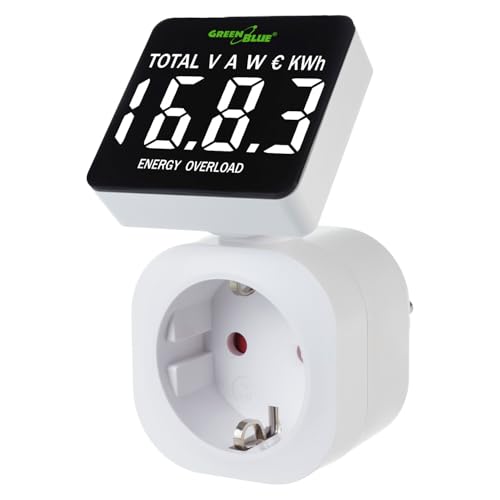 Green Blue Electricity Meter, Energy Cost Meter, Digital Wattmeter, Power Consumption Meter, Energy Meter, 16 A Max: 3680 W, Display of Consumed kWh and Energy Costs | Secondary memory (Schuko socket)