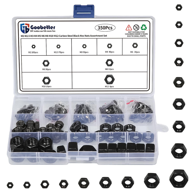 [Australia - AusPower] - 350PCS Carbon Steel Hex Nuts Assortment Kit, Metric M2-M12 Black Oxide Coated Hardware Nuts Set, Heavy-Duty Nuts for Bolts, Lock Washers & Automotive Repair Metric 350 PCS 