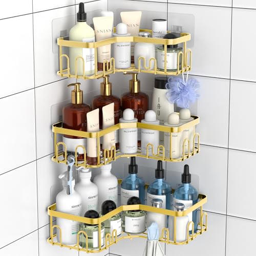 Menbyci 3 Pack Corner Shower Caddy, Adhesive Bathroom Shelves with 18 Hooks, Drill-Free & Quick-Dry Shower Organizer with Large Capacity, Rustproof Stainless Steel Bathroom Corner Storage Rack, Gold 3 packs