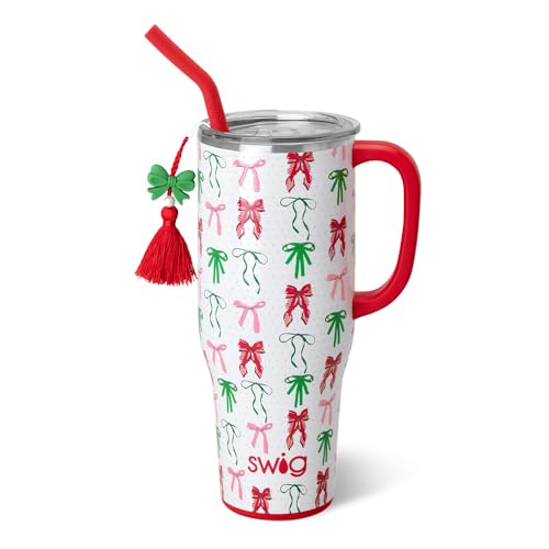 Swig Life 40oz Mega Mug, 40 oz Tumbler with Handle and Straw, Cup Holder Friendly, Dishwasher Safe, Extra Large Insulated Tumbler, Stainless Steel (Ribbons and Bows)