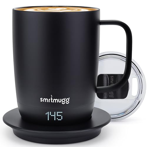 SMRTMUGG PRO 14 oz. Self-Heating Coffee Mug – 4-Hour Battery Life, Adjustable Temperature Control, LCD Display, One-Touch Adjustment, Magnetic Slider Lid – Keep Your Coffee Hot for Hours! Black