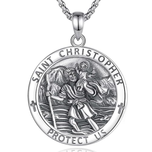 INFUSEU St Christopher Necklace Mens Womens Saint Christopher Medal 925 Sterling Silver Pendant Religious Safe Travels Gift Cristos Catolicos Medallion Catholic Christian Jewelry Easter Christmas