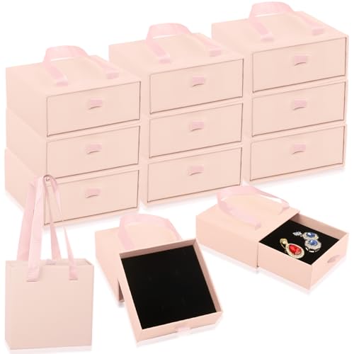Nsmykhg Luxury Jewelry Gift Box,12 Pack Velvet-Lined Jewelry Organizer Compact Drawer Jewelry Box for Earrings & Rings,2 in 1 Jewelry Gift Box Drawer Style with Handle Rope,3.9x3.9x1.65 Inches (Pink) Pink