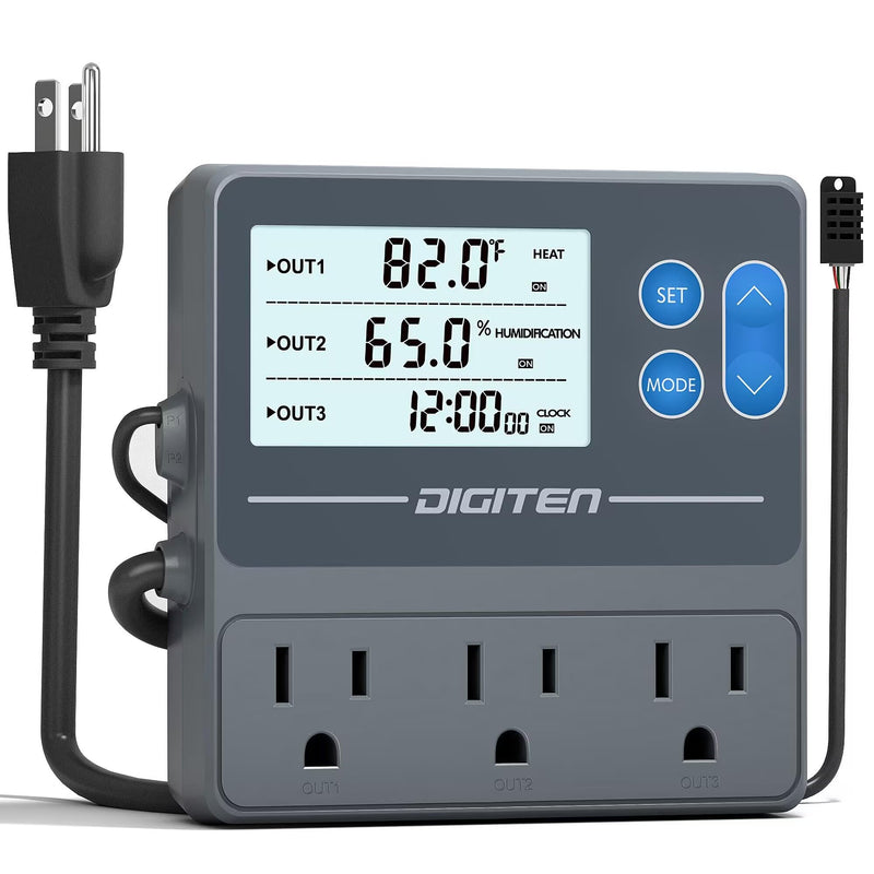[Australia - AusPower] - DIGITEN Reptile Temperature and Humidity Controller with Timer Outlet, Day-Night Function Thermostat, 3-Stage Outlet Plug in Temperature Controller for Reptile, Mushroom, Homebrew 
