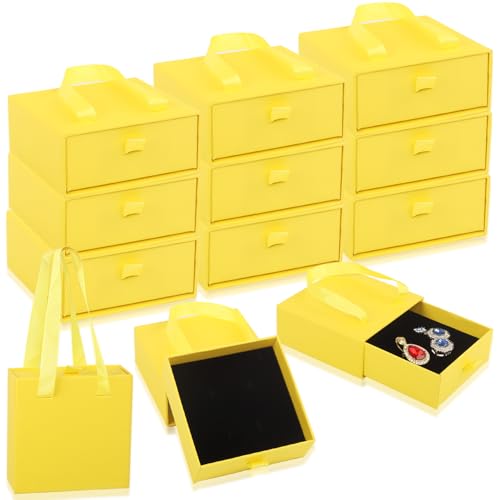 Luxury Jewelry Gift Box,12 Pack Velvet-Lined Jewelry Organizer Compact Drawer Jewelry Box for Earrings & Rings,2 in 1 Jewelry Gift Box Drawer Style with Handle Rope,3.9x3.9x1.65 inches (Yellow) Yellow