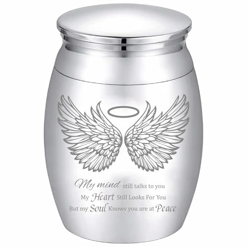 CREATCABIN Angel Wings Engraving Small Keepsake Urn, Stainless Steel, Angel Wings Pattern, Mini Cremation Urn, Memorial Ashes Preserve for Human & Pet Ashes, Waterproof, Decorative Commemorative Gift