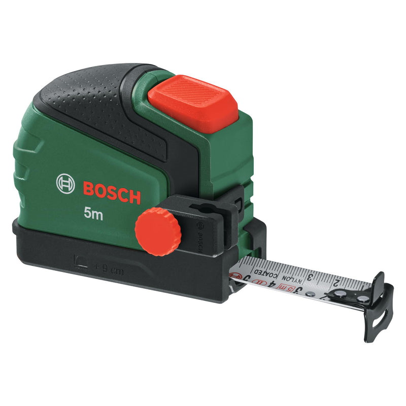 Bosch Maßband 5m mit Stifthalter (Auto-Lock; Nylonbeschichtetes Band; 22mm Breite; 2m abknickfreie Ausziehlänge; metrische Skala; hohe Genauigkeit; Zweirichtungshaken; Gürtelclip; Softgrip)