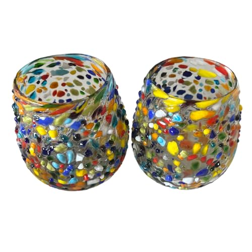 Artisanal Mexican Confetti Glass, Handblown 16 oz Tumbler Glasses – 4"x4" Multicolor Granizado Design – Versatile Drinkware for Wine, Cocktails, Water, and More (2, Textured) 2