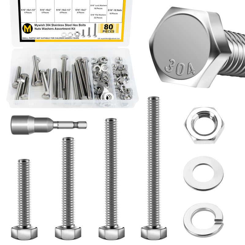 [Australia - AusPower] - Mywish 5/16 Bolts, 80Pcs 5/16-18 Bolts and Nuts Kit with 1-1/2", 2", 2-1/2", 3" Hex Bolts Kit, 304 Stainless Steel, Nut and Bolt Assortment Kit with Cross-Drilled Tail 5/16"-18 (80Pcs) 