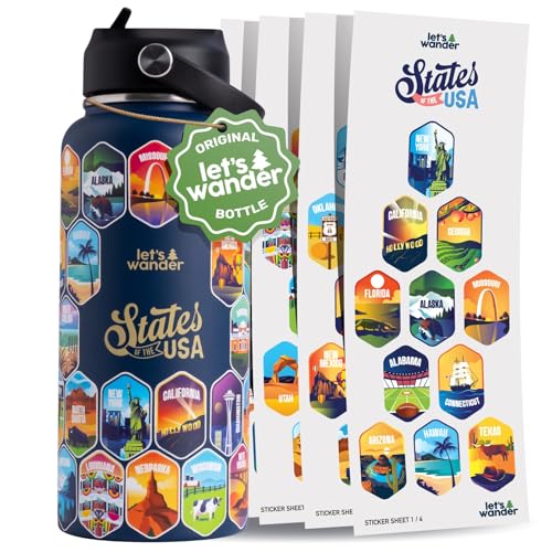 LET'S WANDER Lets Wander 50 States Water Bottle with Waterproof Stickers - 32oz Leakproof Insulated Stainless Steel with Straw - States of the USA Gift Bottle (Blue) Blue Standard