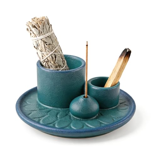 4 in 1 Ceramic Incense Holder, Palo Santo Stick Holder, Sage Holder for Burning, 5.2" Ash Catcher Tray for Meditation, Yoga & Home Decor (Blue) Blue