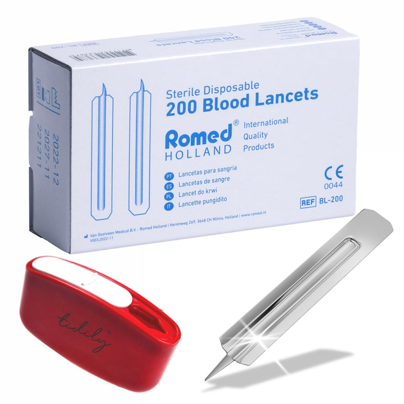 Romed Milia Lancet, Disposable Lancet, Sterile Blood Lancet Made of Stainless Steel and tidily Disposal Container, Red, Pack of 200