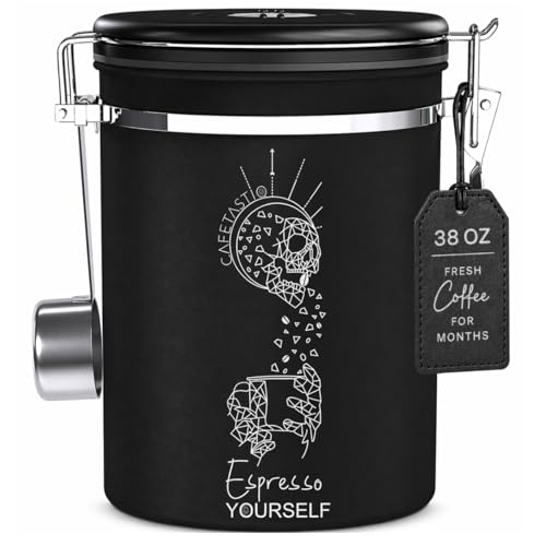 Large Coffee Canister – Airtight Stainless Steel Storage Container with Date Tracker & Scoop, Sealed Jar for Grounds, Beans, Tea, Flour, Cereal, and Sugar (Black Esspresso, 38OZ) Black Esspresso