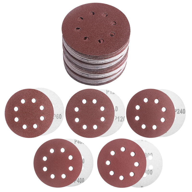 Pack of 50 Sandpaper 125 mm, Sanding Discs for Random Orbital Sanders, 8 Holes, 60/120/240/400/800 Grit for Wood, Metal and Paint