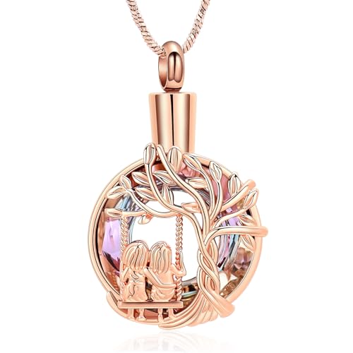 Yinplsmemory Cremation Jewelry Tree of Life Urn Necklace for Women Ashes Keepsake Jewelry for Sister for Ashes Rose gold-purple