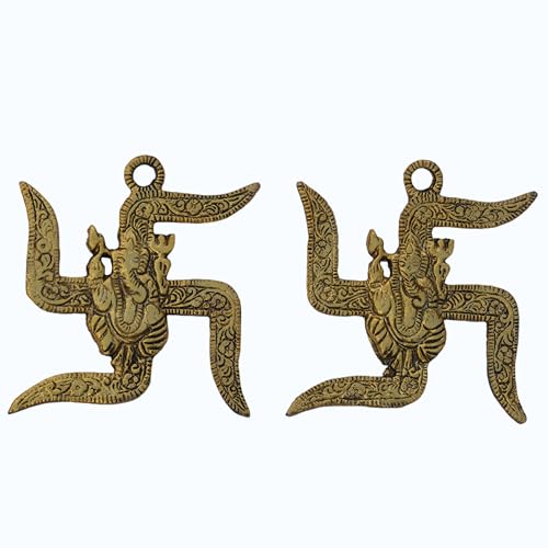 Metal Lord Ganesha Swastik Wall Hanging – 3.5'' Inch, Set of 2 – Traditional Hindu Décor for Home, Temple, Office, Entrance – Spiritual Gift Item for Housewarming, Festive Decoration