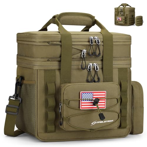 Maelstrom 23L tactical lunch box for men, expandable double deck cooler bag in khaki, with sturdy handles and multiple compartments.